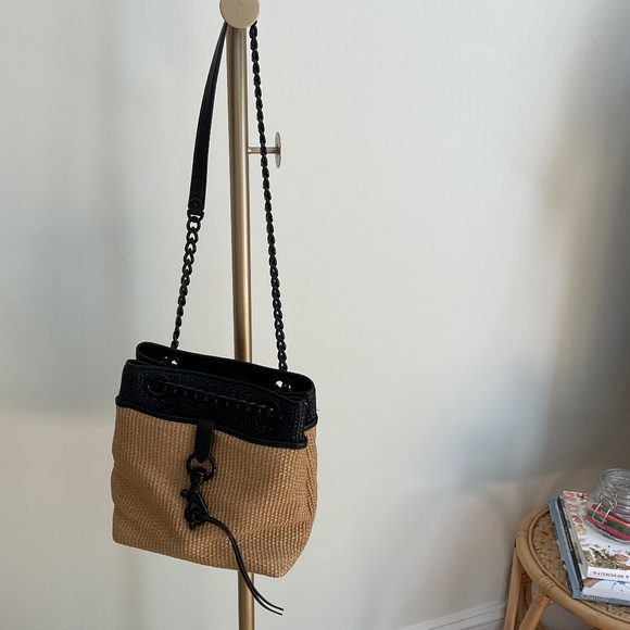 Rebecca Minkoff Edie Large Bucket Bag NWT Natural Woven Straw with Black Trim - Picture 4 of 12